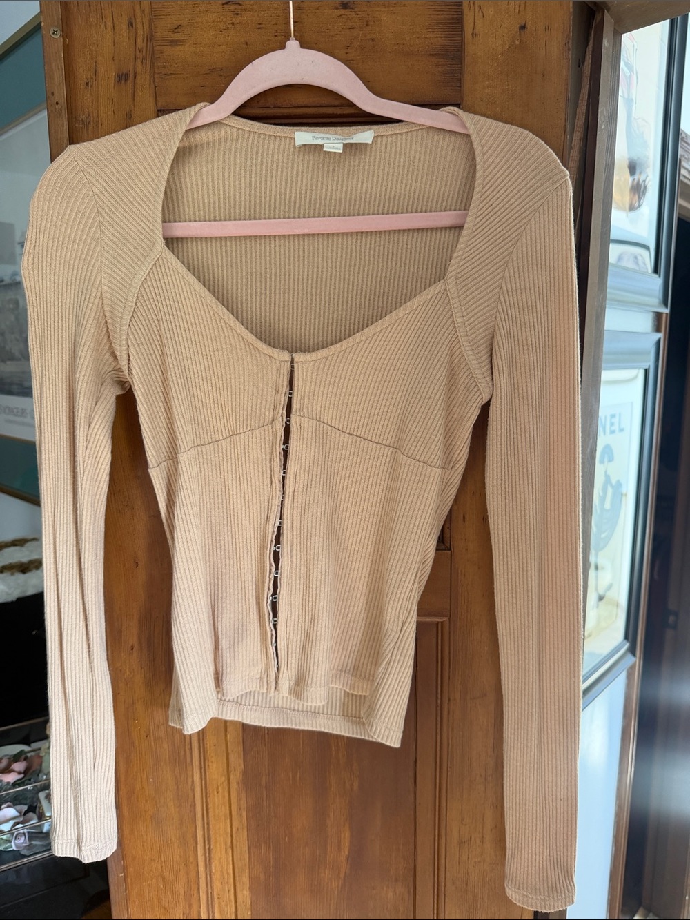 Favorite Daughter Beige Ribbed Long Sleeve Hook-Front Top